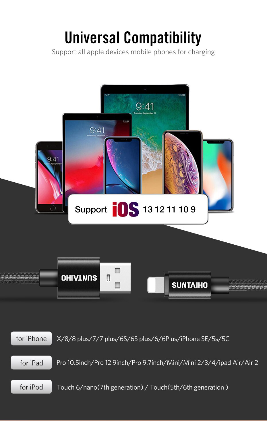 Suntaiho 2.4A USB Cable for iphone Charger cable XS max Xr X USB Fast Charging Cable for iPhone 8 7 6 5s Plus Phone Charger Cord