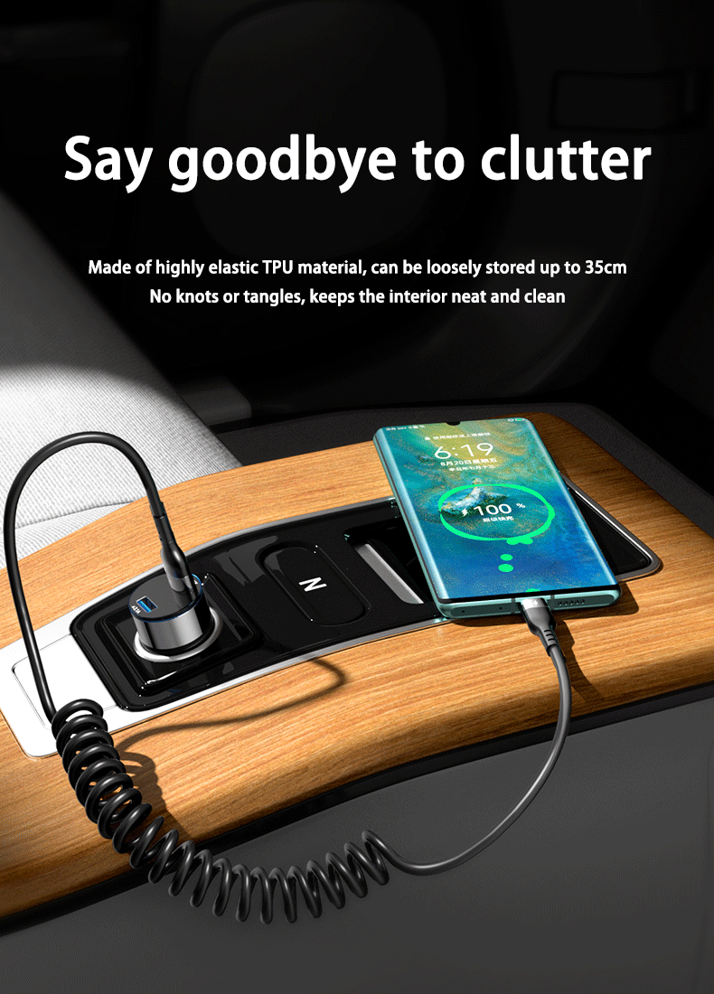 PD 66W 5A Fast Charging Type C to Type C Cable For Samsung Xiaomi Redmi OnePlus Phone Charger Spring Telescopic Car USB C Cable