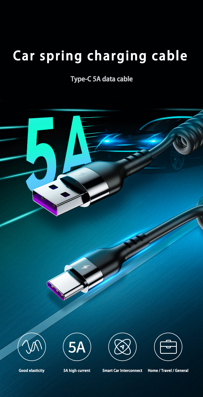 PD 66W 5A Fast Charging Type C to Type C Cable For Samsung Xiaomi Redmi OnePlus Phone Charger Spring Telescopic Car USB C Cable