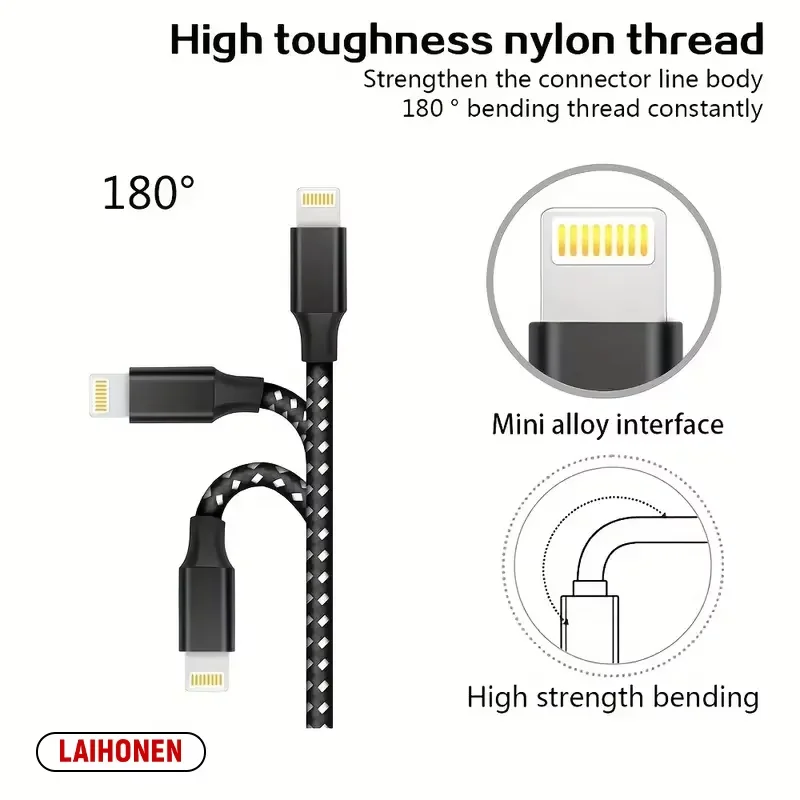 LAIHONEN  Nylon Braided USB A To Lightning MFi Certified 1m 2m 3m Cable for iPhone 11 12 13 14 Pro XS Max XR X 6S 7 8 Plus SE