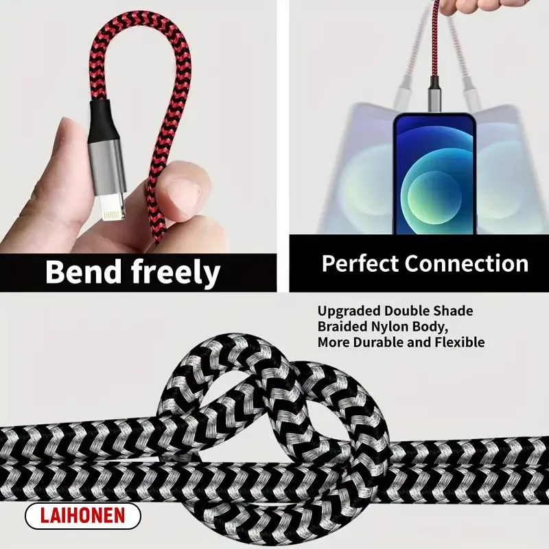 LAIHONEN  Nylon Braided USB A To Lightning MFi Certified 1m 2m 3m Cable for iPhone 11 12 13 14 Pro XS Max XR X 6S 7 8 Plus SE